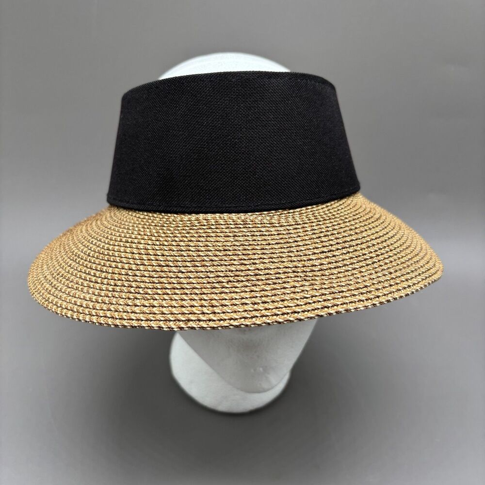 Eric Javits New York Sun Visor Squishee Champ Straw Hat Adjustable Black Tan UPF